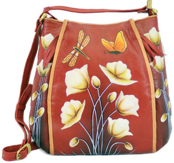 Lilies Burgundy Hand Painted Organizer Crossbody Bag