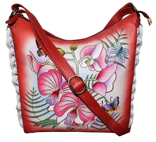 Red Flower Hand Painted Braided Shoulder Bag