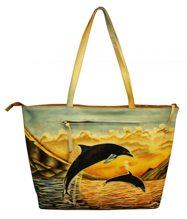 Evening Dolphin all leather hand painted large tote bag - Image 2