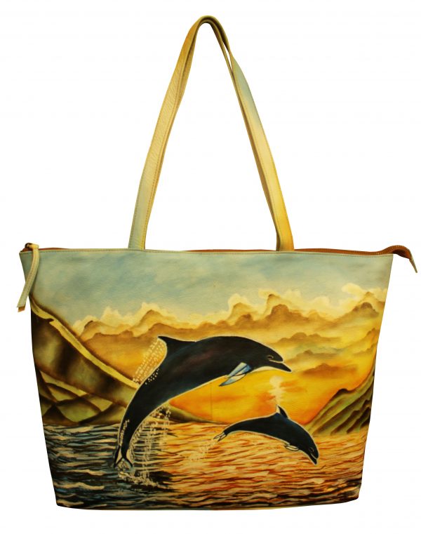 Evening Dolphin all leather hand painted large tote bag