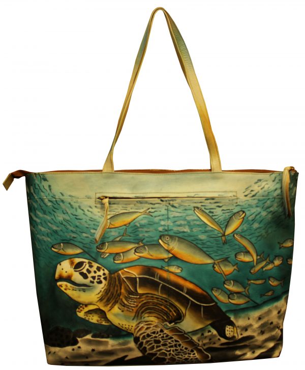 Turtle & Fish all leather hand painted large tote bag - Image 2