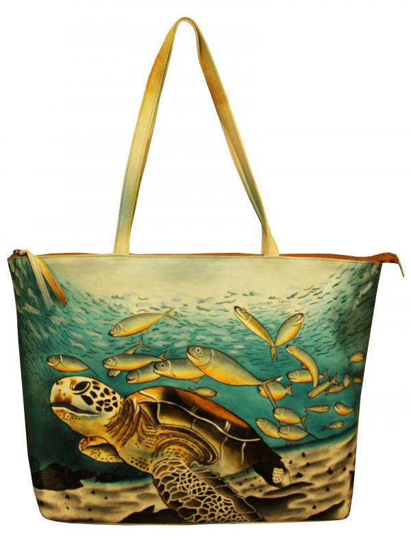 Turtle & Fish all leather hand painted large tote bag